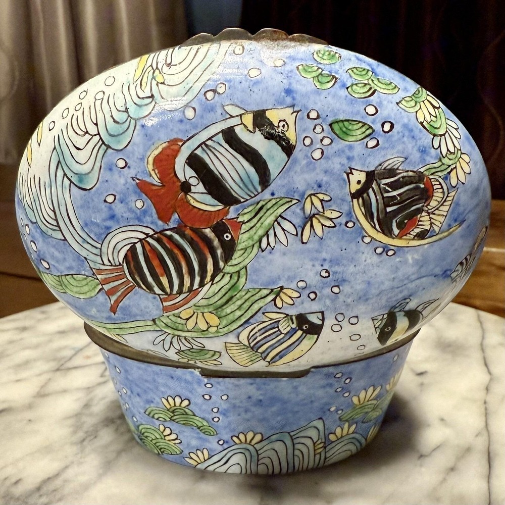 Hand Painted Enamel Metal Brass Fish Aquatic Trinket Box Hinged Lid Ocean Sea
